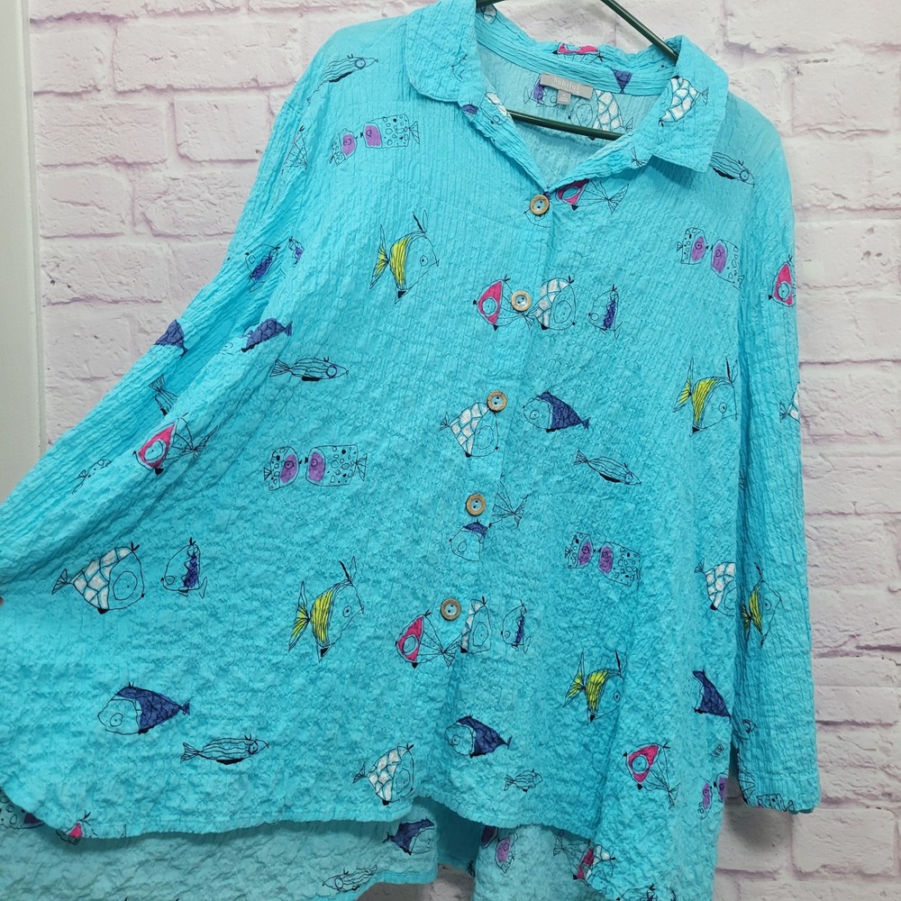 Habitat Blue Fish Print Crinkle Button Up Shirt XL Quirky Art Lagenlook Funky - Picture 3 of 8